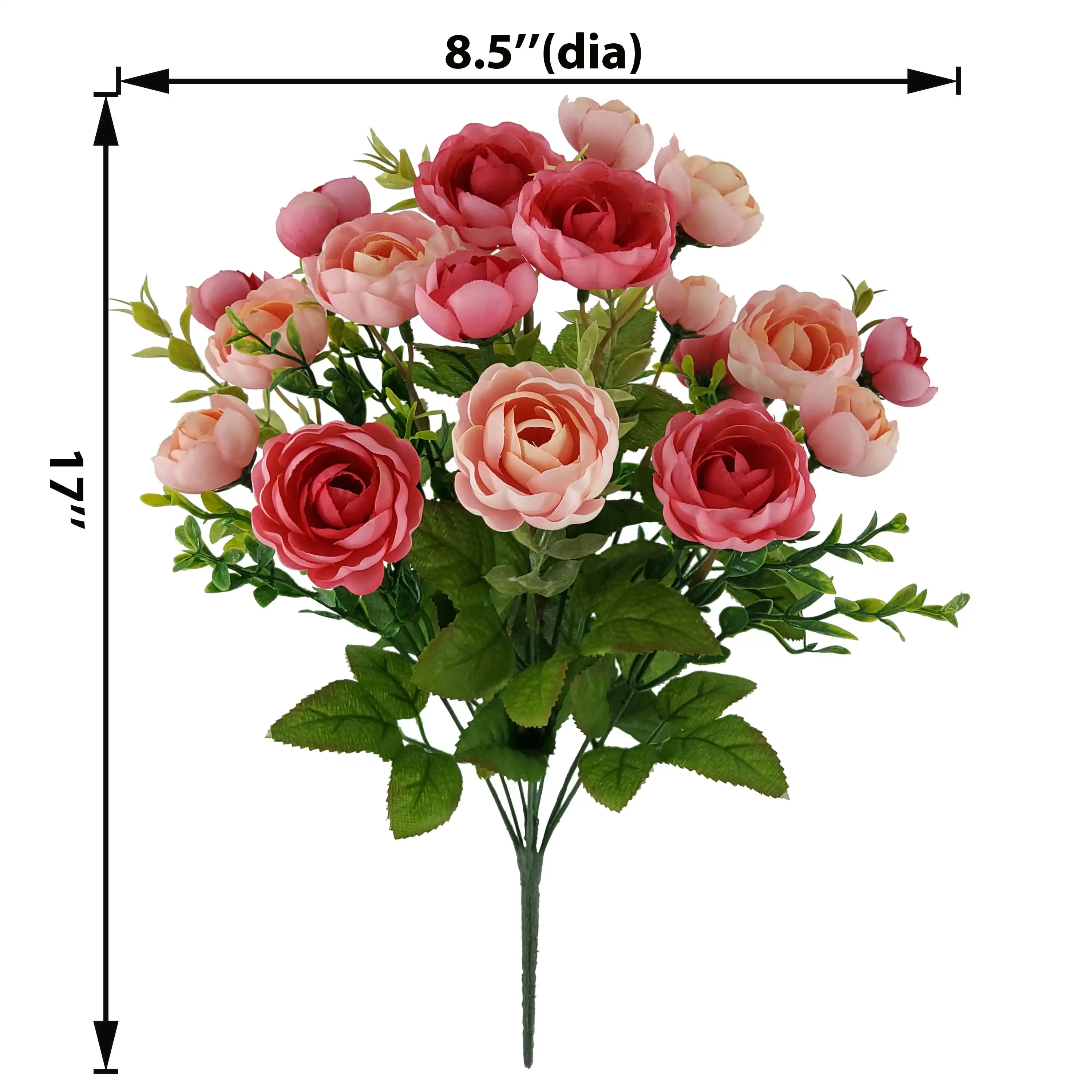 17in Indoor Artificial Mini Ranunculus Bush with Leaves, Orange Color.