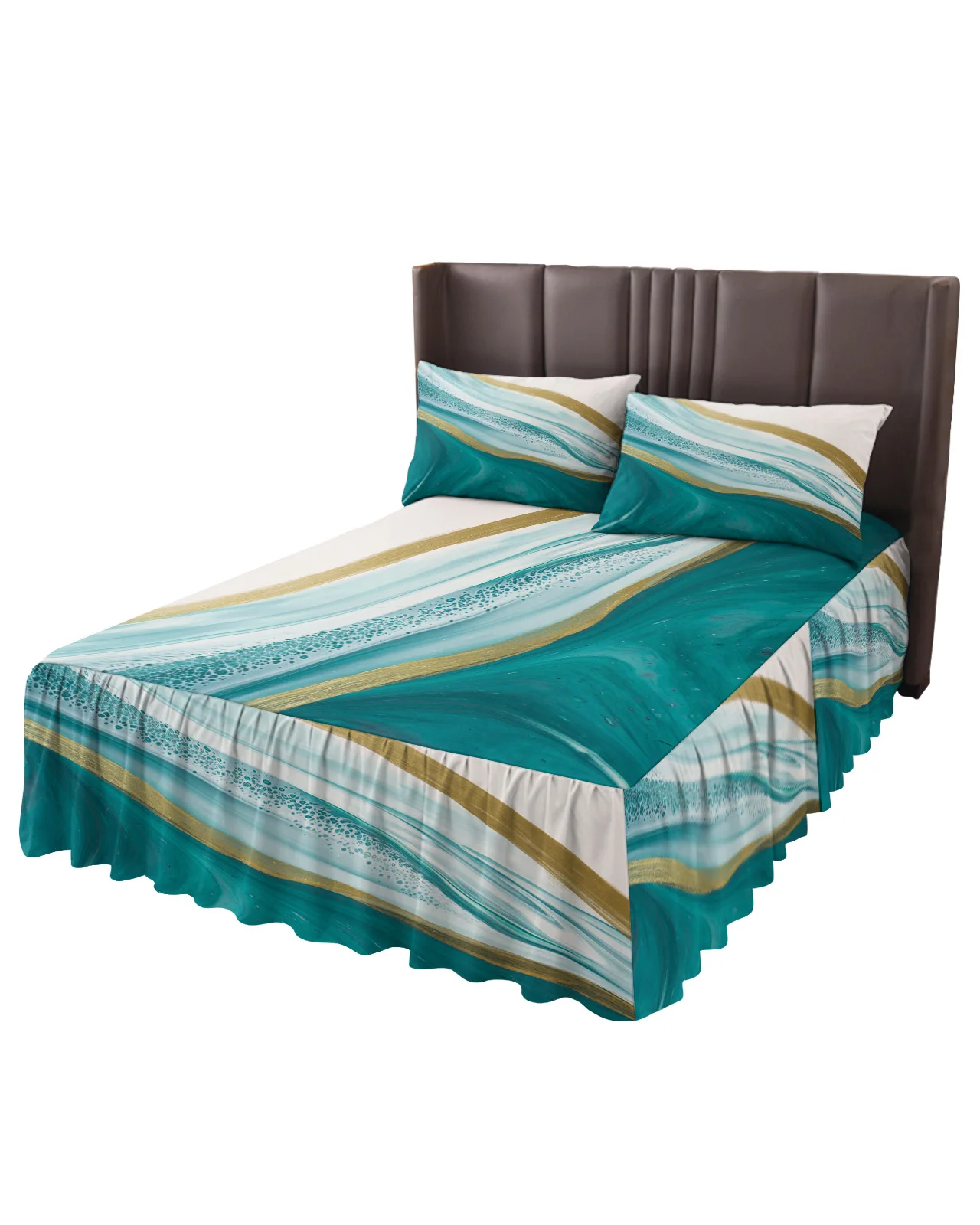 Teal Gradient Texture Marbling Watercolor Bed Skirt Fitted Bedspread With Pillowcases Mattress Cover Bedding Set Bed Sheet