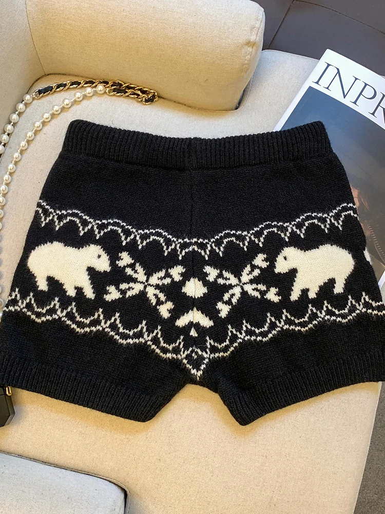 크리스마스 레드 빈티지 니트 반바지 여성 슬림 하이 웨이스트 스위트 프린트 반바지 미국 가을 겨울 여성 레트로 캐주얼 반바지