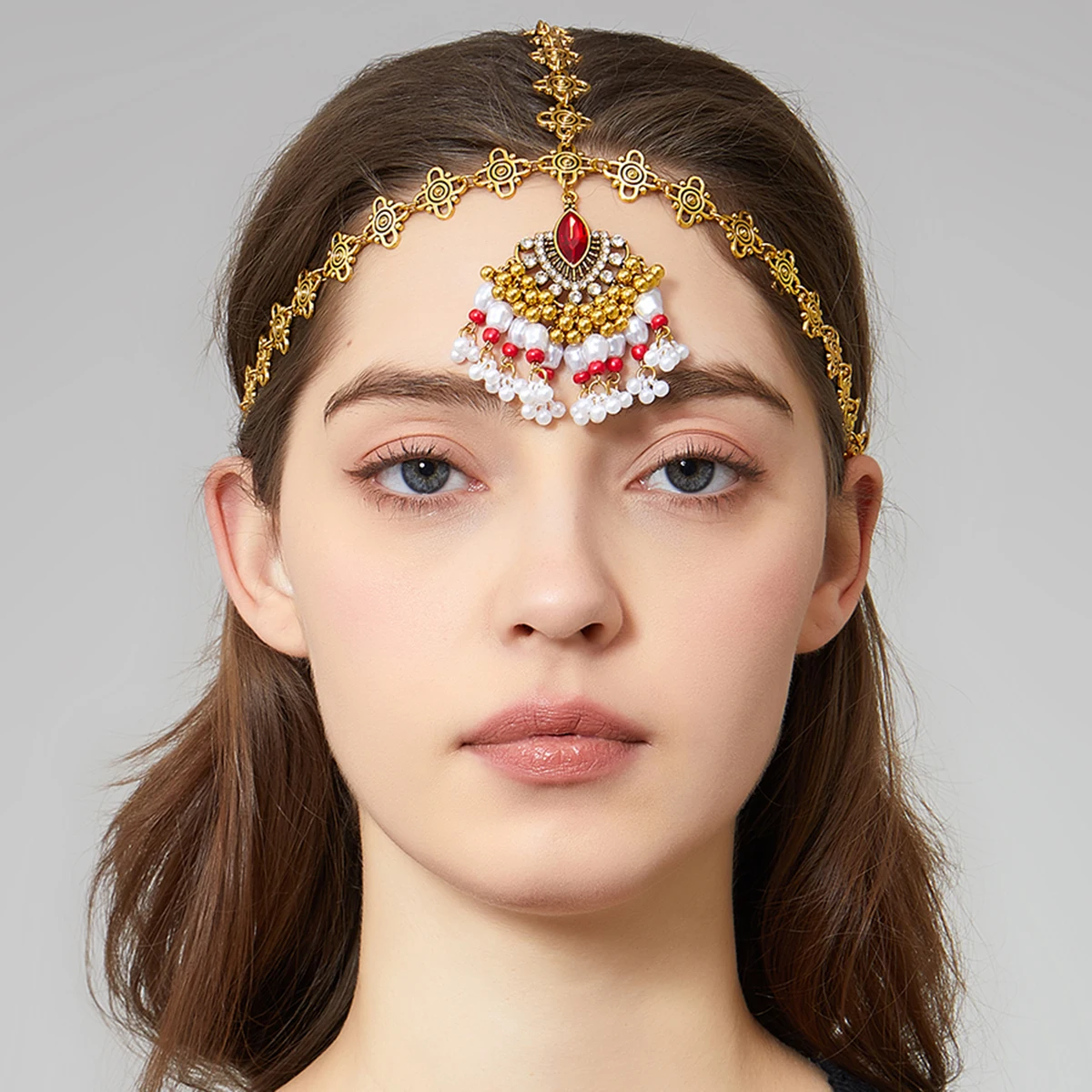 خمر الذهب الهندي اللون الجبين سلسلة هندسية حجر الراين حبة شرابة الشعر مجوهرات رباطات اكسسوارات الزفاف الزفاف