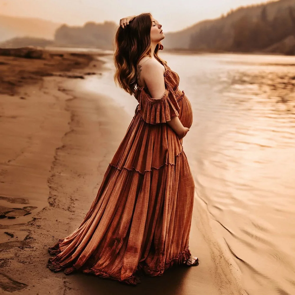 ﻿   البوهيمي صور اطلاق النار فستان الحمل مريح لينة الكتان القطن مجموعة للنساء الحوامل صور الأمومة فستان قطعتين