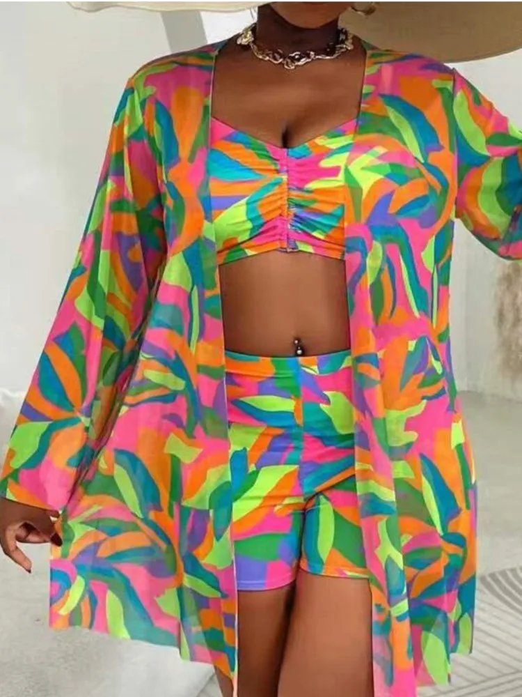 

L-4XL Plus Size 3 Piece Sets Bikini Cover Up Women's Push Up Swimsuit Summer Mujer Tummy Control Swimwear Oversized Bikini Sets