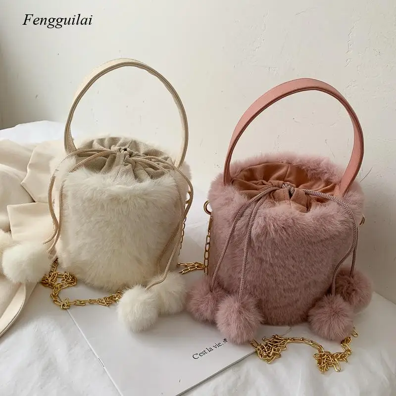 

Kawaii Cute Furry Bucket Bag 2022 New Trend Chain Small Bag Texture Furball Handbag Shoulder Bag Women