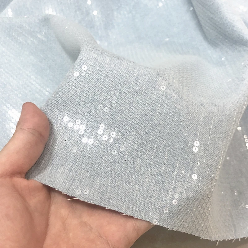 Light Blue Pink White Thin Denim Transparent Small Sequins Fashion Fabric, Coat Skirt Sequin Denim Fabric