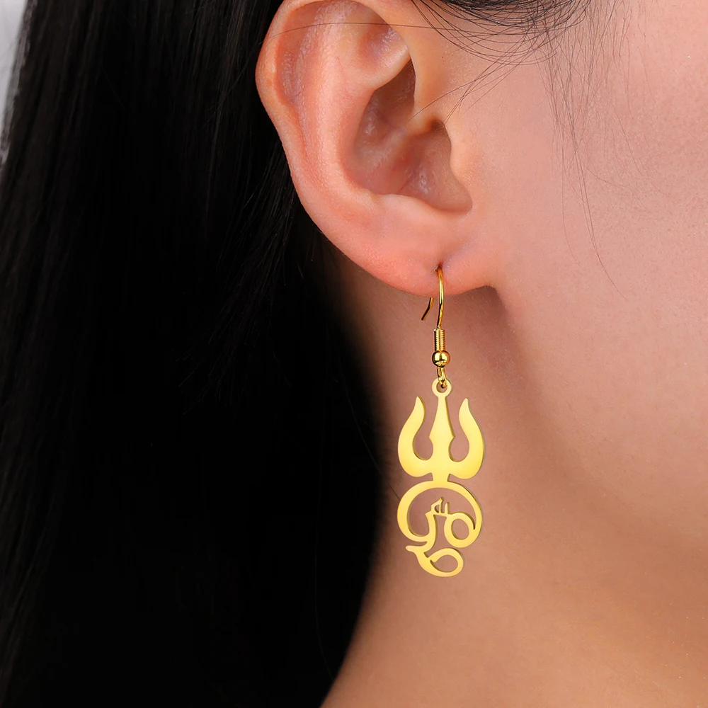 Dawapara Trident Tamil OM Symbol Women Earrings Siva Protection Amulet Hindu Spiritual Pendant Stainless Steel Jewelry