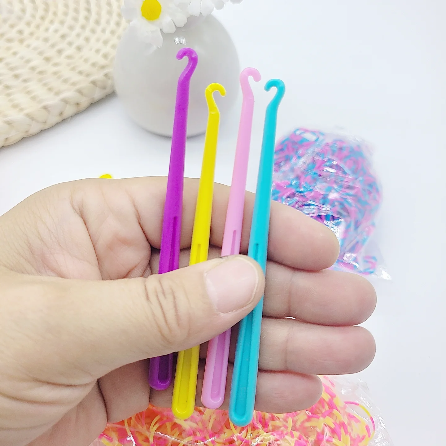Friendship Bracelet Set, Includes 2 Large Plastic Slingshots, 2 Plastic Crochet Hooks, 100Pcs Transparent S-Clips, 100Pcs Colorful S-Clips, 450Pcs Pink and Blue Rubber Bands, 450Pcs Pink and Yellow Rubber Bands, DIY Friendship Bracelet Making Kit, Crafts, Halloween and Christmas Party Supplies, Perfect Small Gifts view 5