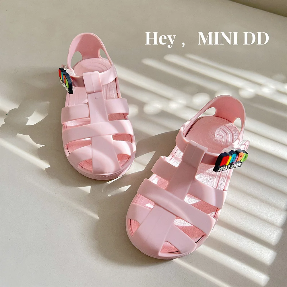 MINIDD 2024 estate nuovi sandali con suola morbida per bambini accessori coreani scarpe romane scarpe in gelatina per bambini in tinta unita antiscivolo DD042