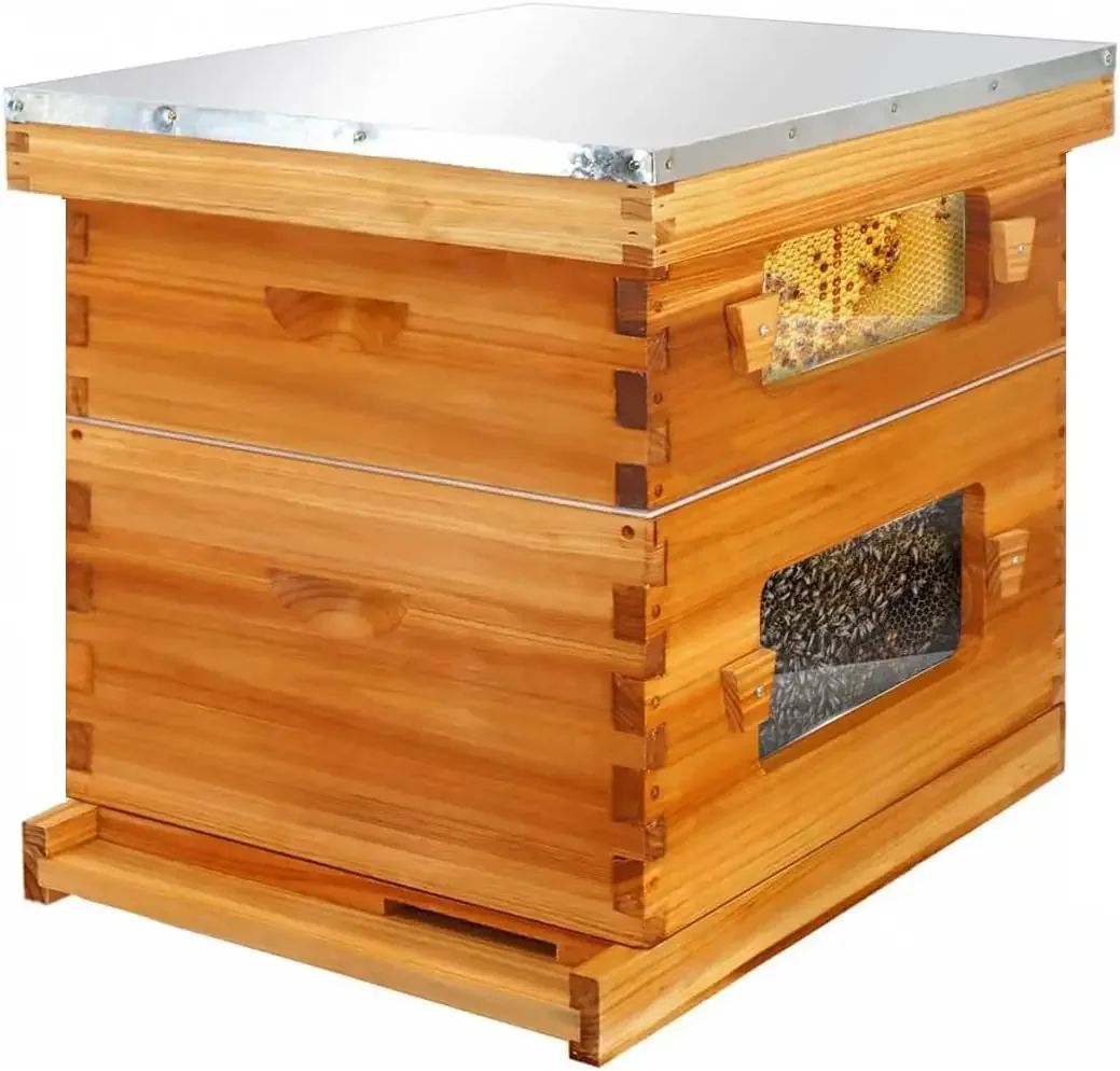 

10 Frame Langstroth Beehive Starter Kit Wax-Dipped Bee Hive with Viewing Windows, Deep Brood Box, Medium Super, Beehive