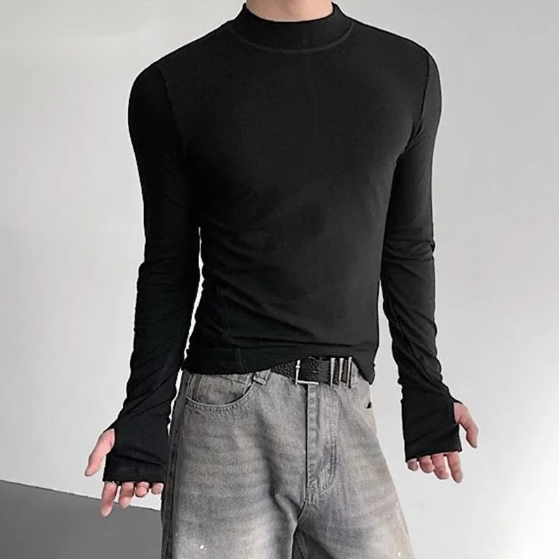Simple Men's T-shirts Solid Color Mock Neck Casual Korean Style Tees Long Sleeved Slim Pullover Male All-match Tops 9TR11