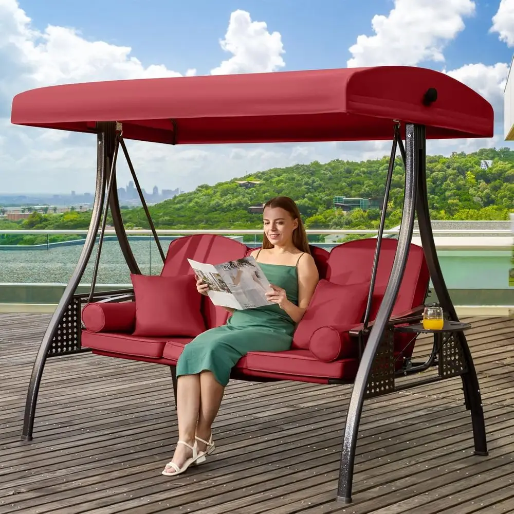 

3-in-1 Adjustable Outdoor Swing with Cushions, Pillows, and Cup Holders for Adults - Ideal for Porch, Patio, or Garden (Wine Red