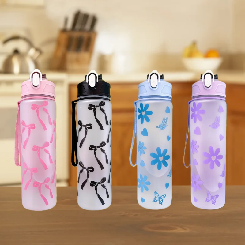 花柄ボトル 750ml ホワイトフロストウォーターボトル：カラフルな花柄プリント