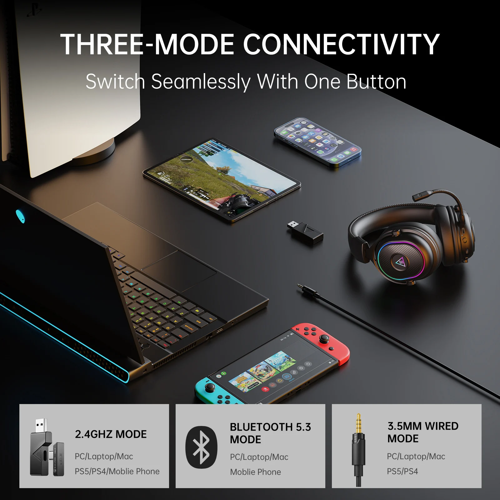 Oneodio EKSA MaKo BT Cuffie da gioco Bluetooth Over Ear Cuffie wireless da 2,4 GHz Gamer 20 ms Bassa latenza con microfono per PC/PS4/PS5