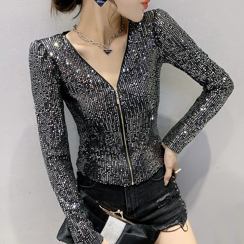 كارديجان نسائي أنيق بترتر وسحاب، سترة طويلة للخريف والشتاء، تصميم كوري ضيق بياقة على شكل V