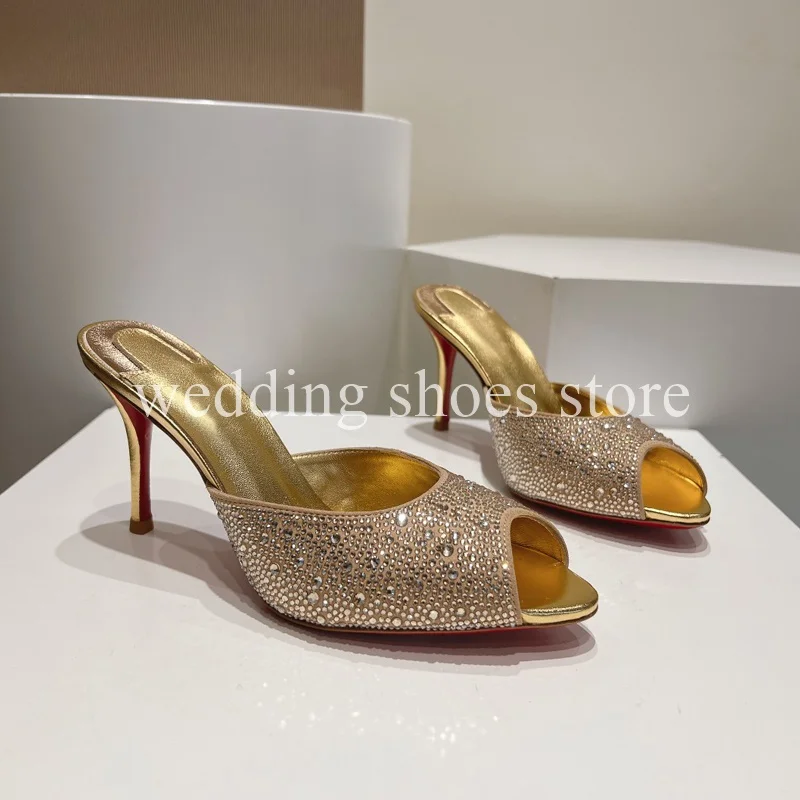 Super Flash Rhinestone Peep-toe High Heels Wedding Shoe Slippers Fashion Leather Summer Banquet Party Stiletto 8.5cm Women Shoes