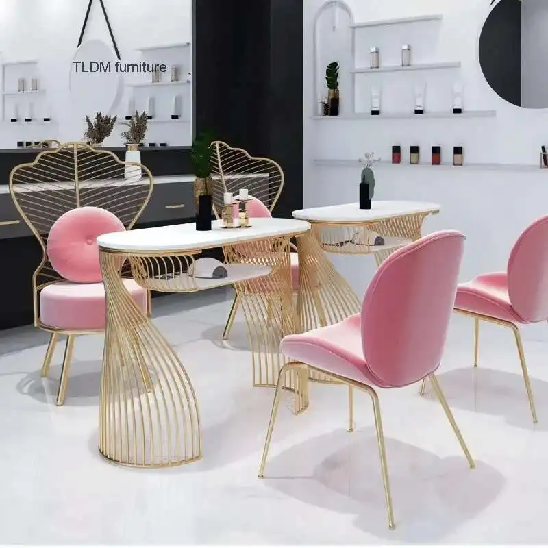 

Simple Golden Nail Tables Modern Salon Furniture Beauty Salon Professional Manicure Table Light Luxury Manicure Table Chair Set