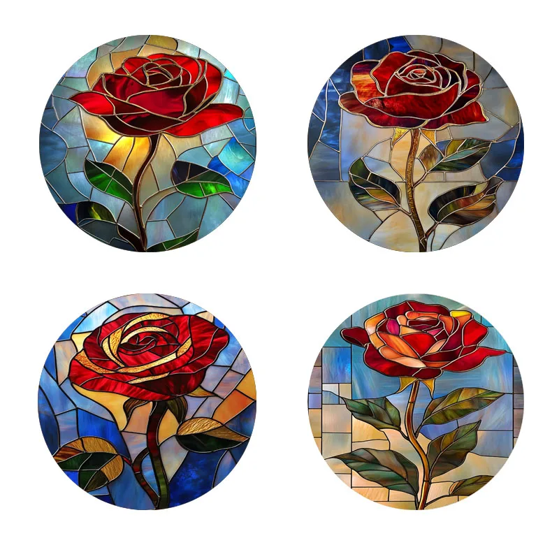 

4 rose-printed coasters, suitable for daily family gathering decoration, office use, and anti-slip wooden coasters
