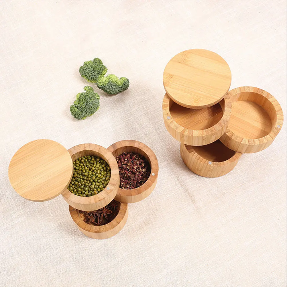 

Bamboo Spice Box Seasoning Container Kitchen Gadget Salt Pepper Holder Rotating Layer Design Storage