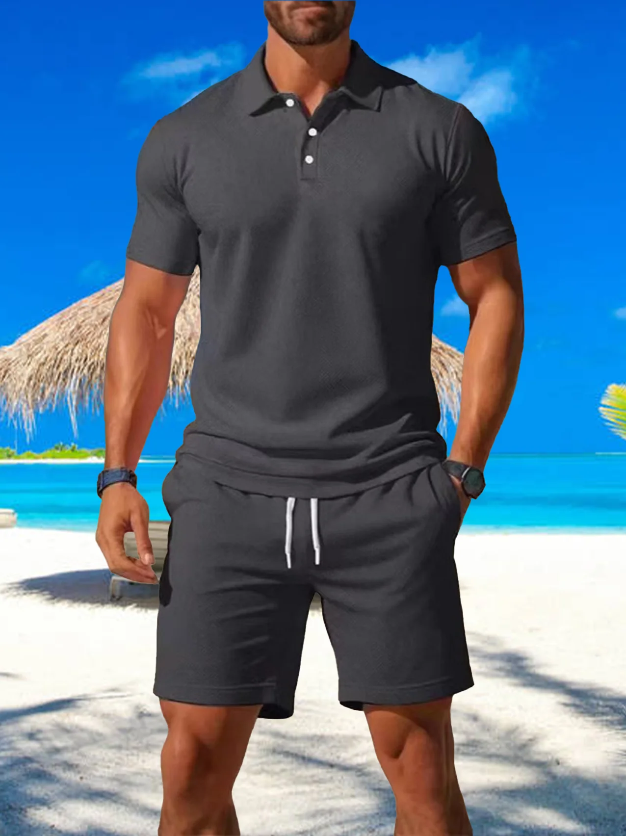 2025 European Men's Short Sleeved Polo Shirt Shorts Set, Loose and Handsome Young Men's Short Sleeved Shorts Two-piece Set,