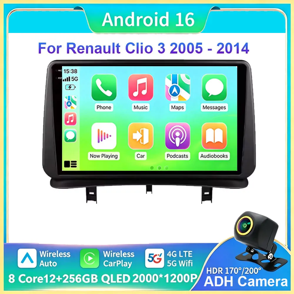 Car Radio Video Multimedia Player Android 16 for Renault Clio 3 2005 - 2014 GPS Navigation Cooling fan QLED IPS Screen WIFI