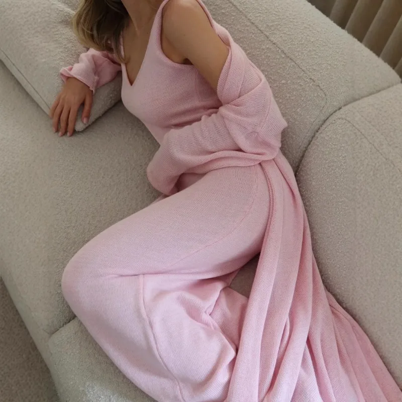 

2025 Fall Winter Solid Cotton Knitted 2 Piece Set Full Sleeve Open Stitch Extra Long Cardigan + Spaghetti Straps Maxi Dress Suit