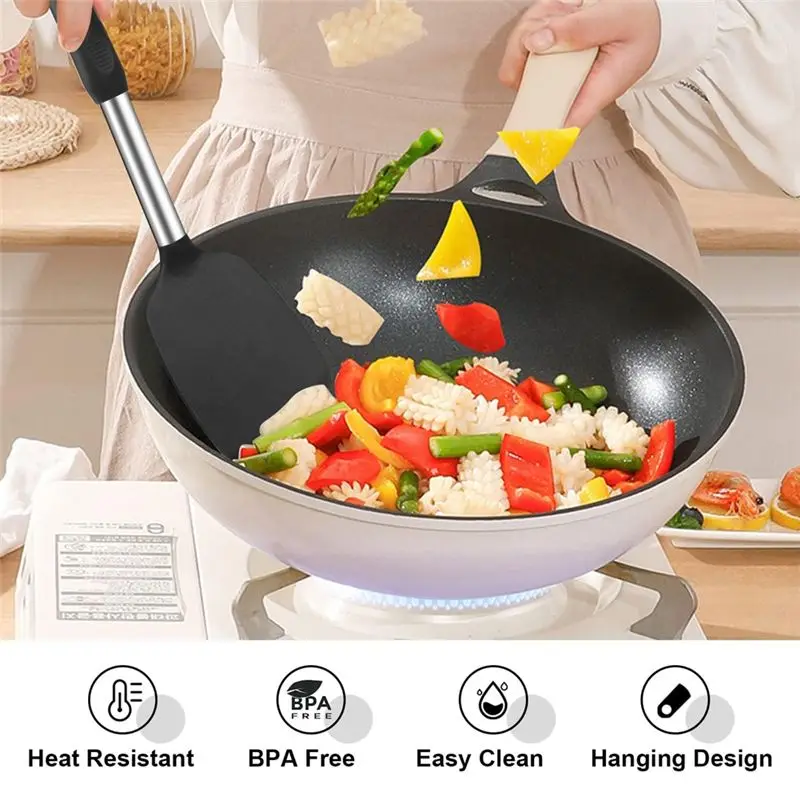A013 Silicone Cooking Spatulas and Spoons, Heat Silicone Cooking Utensils Set, Non Stick Large Kitchen Spatula