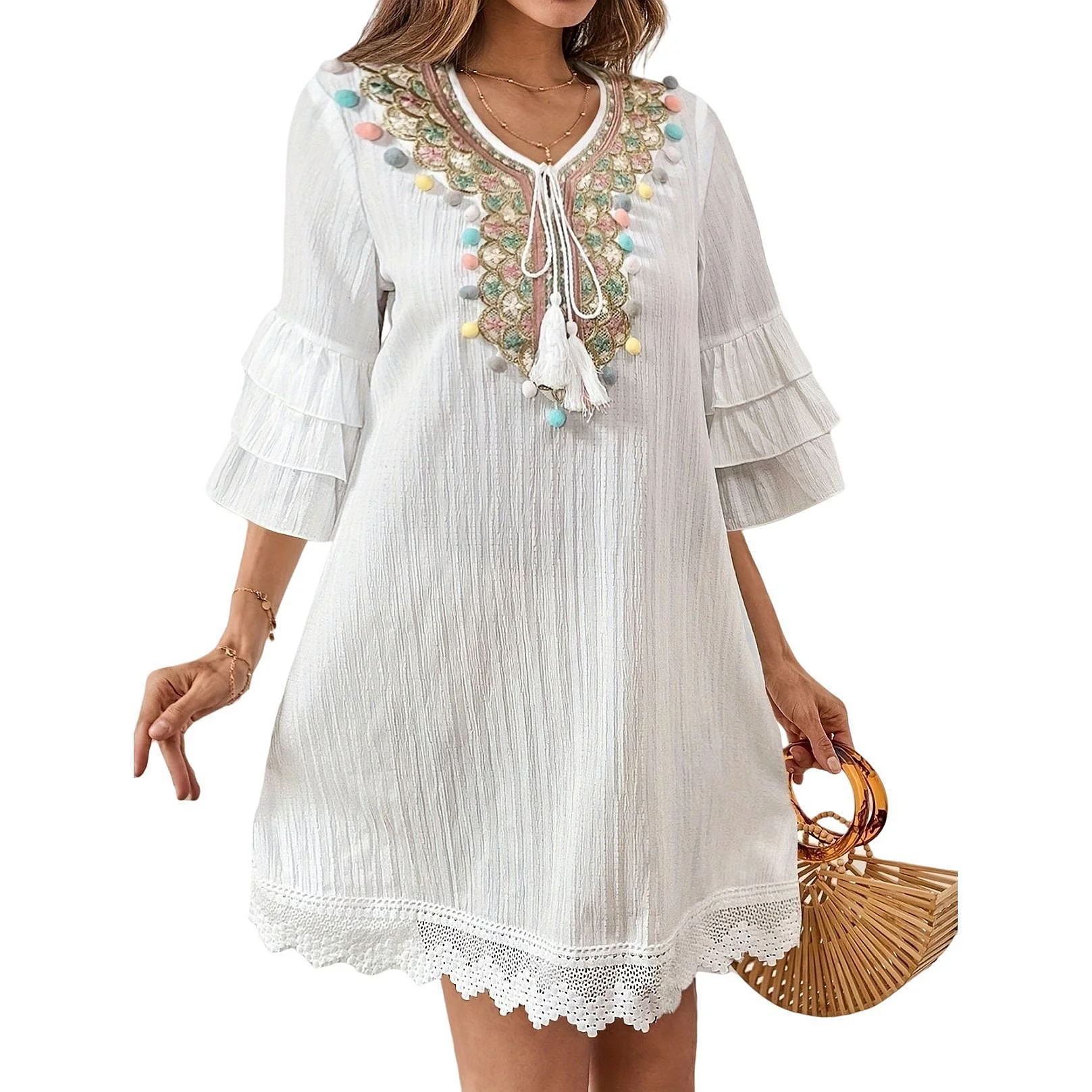 Colorful Pom Pom Fringe Solid Ruffle Sleeve Lace Boho Dress Dresses Spring Summer