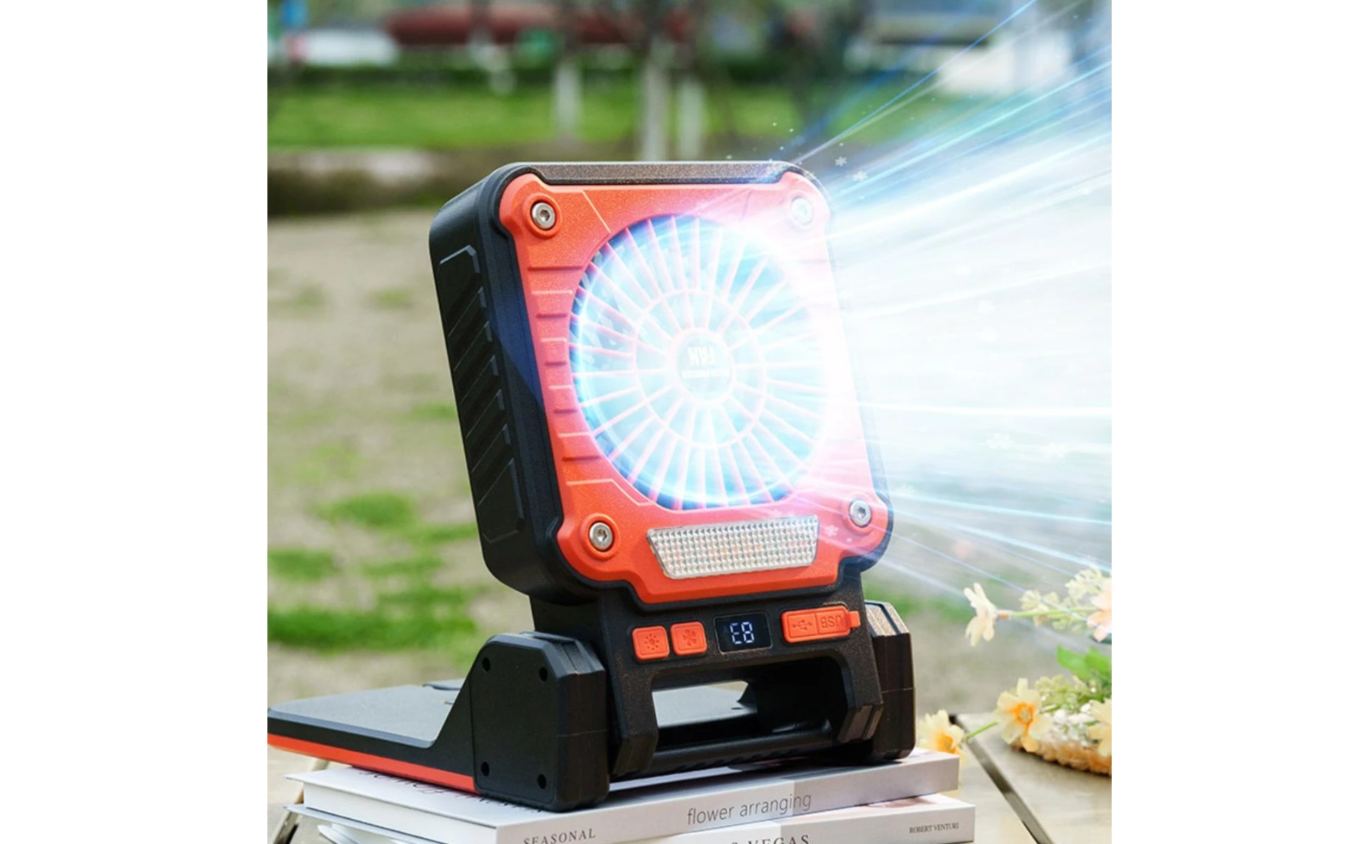 Portable Solar Fan Digital Display Solar-Powered Fan Outdoor Device Fold-out Base Cordless