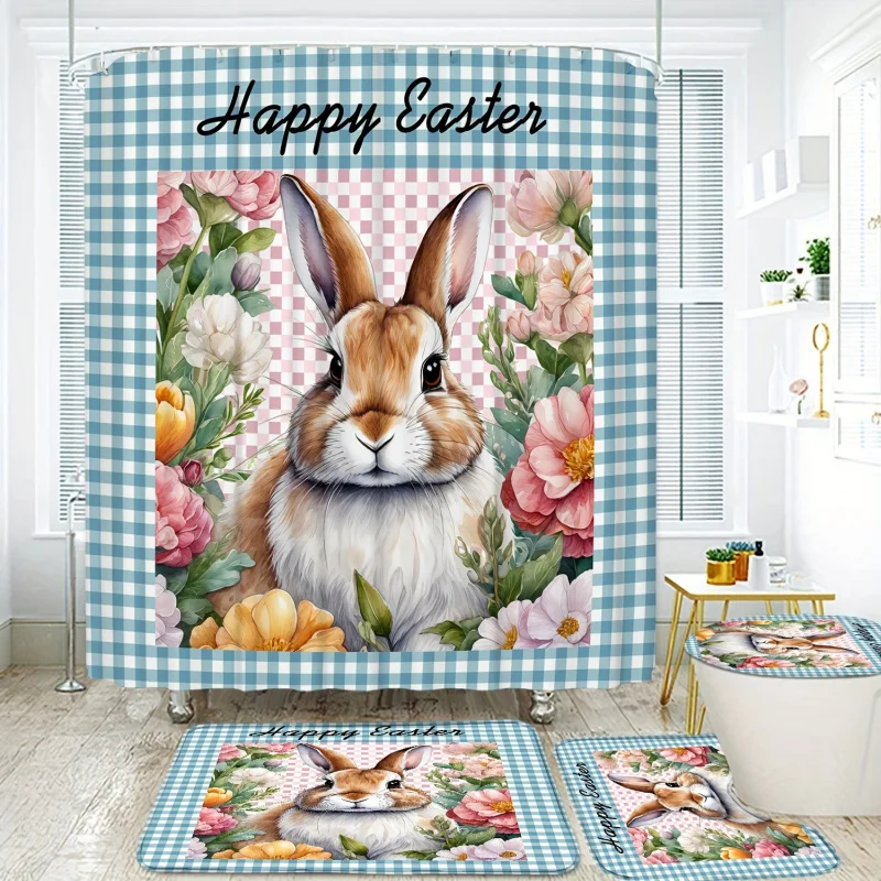 4pcs Easter Bunny Egg Pattern Shower Curtain Set, Waterproof Shower Curtain With 12 Hooks, Non-Slip Bath Rug, U-Shape Mat, Toile