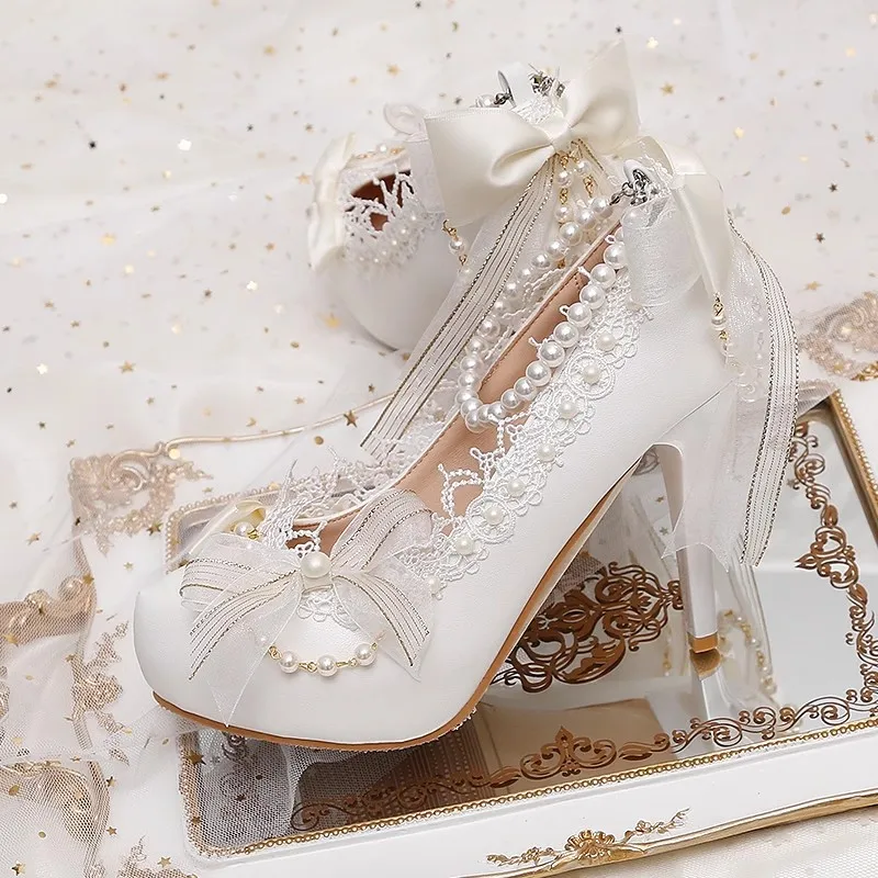 

White Lolita Flower Bridal High Heels Lace Bow Lo Pearl Round Head Shallow Mouth French Girl Single Shoes