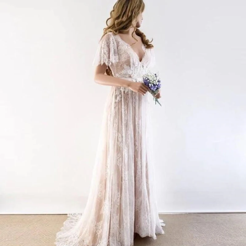 Abito da sposa da spiaggia senza schienale con scollo A v in pizzo Boho maniche corte elegante Tulle applicato 2021 una linea romantica fiori 3D abiti da sposa