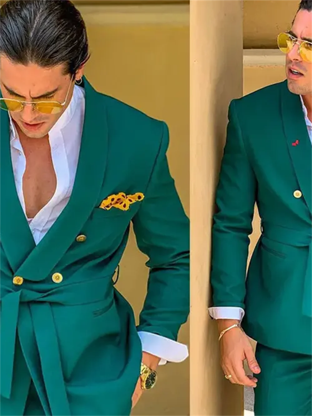 2 PCS Green Men Suits Slim Fit Double Breasted Shawl Lapel Formal Wedding Tuxedo Set  Traje Americana Hombre