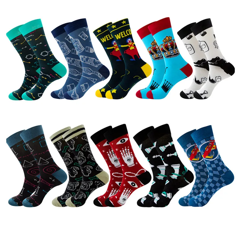 Men\'s Funny Socks High Quality Tide Couple Midium Tube Sock Men Female Daily Beer Stamps Clowns Pure Cotton Women\'s Street Socks