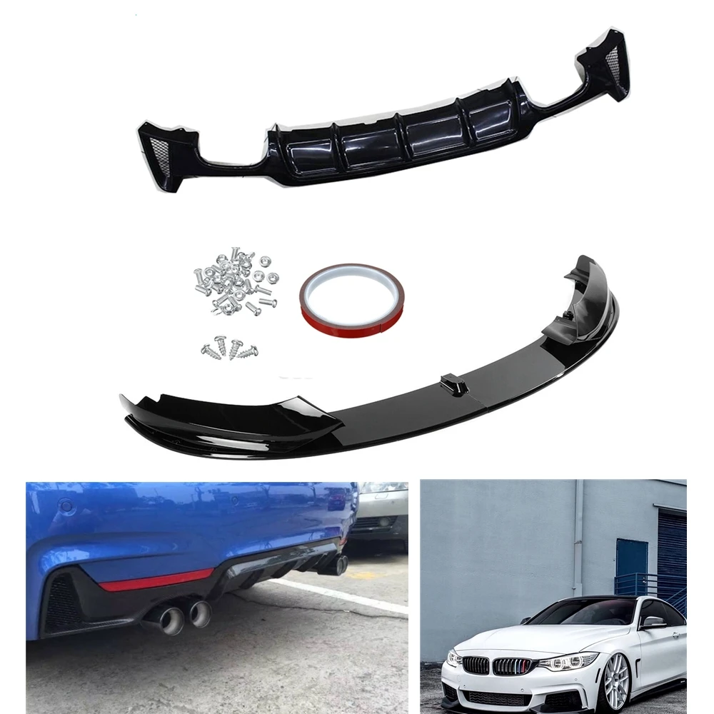 

For BMW F32 F33 F36 4 Series M Sport 2014-2020 Gloss Black/Carbon Fiber Look Car Front Bumper Spoiler Splitter Lip+Rear Diffuser