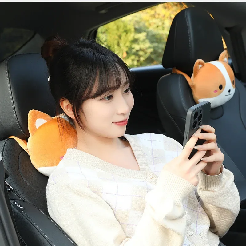 1 Pair Cartoon Cute Cat Car Seat Headrest Plush Pad Safety Pillow Creative Corgi Car Neck Pillow Kawaii Car Accessories Interior