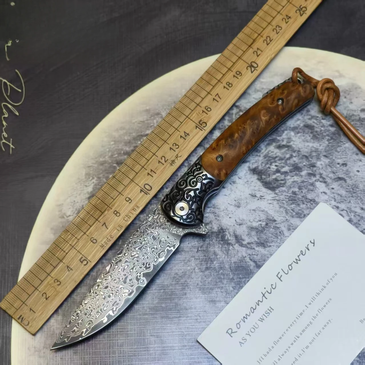 

RHON 3.75inch VG10 Forged Damascus Steel Folding Knife Outdoor BBQ Camping Slicing Survival Pocket Knives with Wooden Handle
