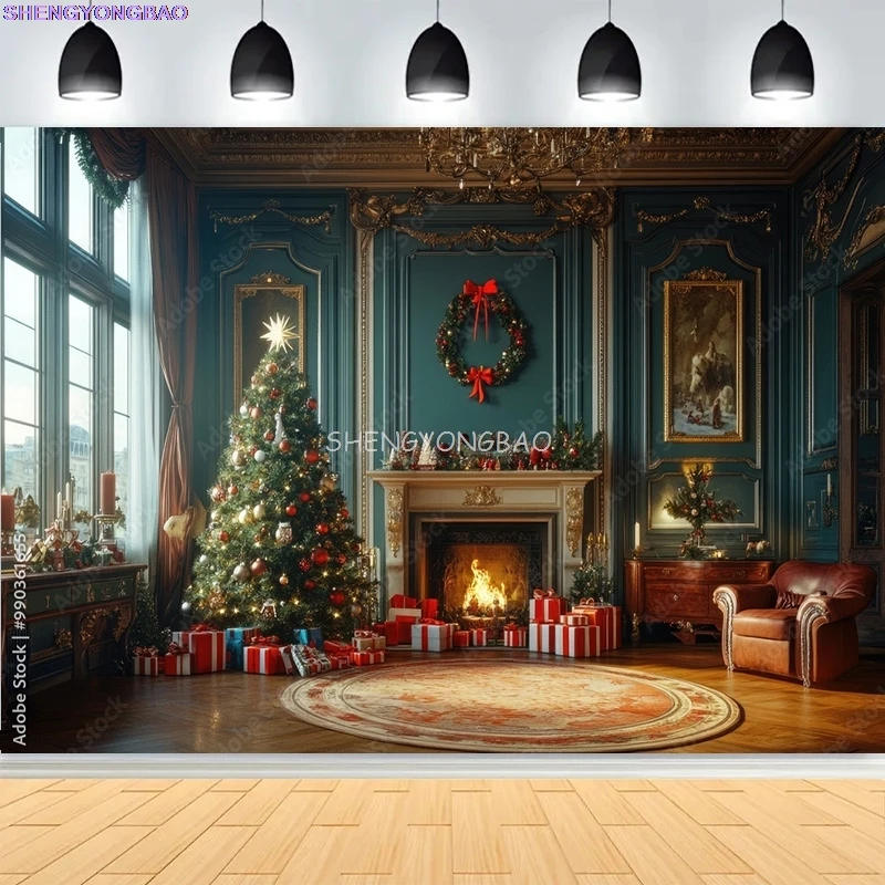 Festliche Weihnachten Zimmer Kamin Fotografie Kulissen Winter Neujahr Feiertage Party Weihnachtsbaum Fenster Foto Hintergrund BR-26