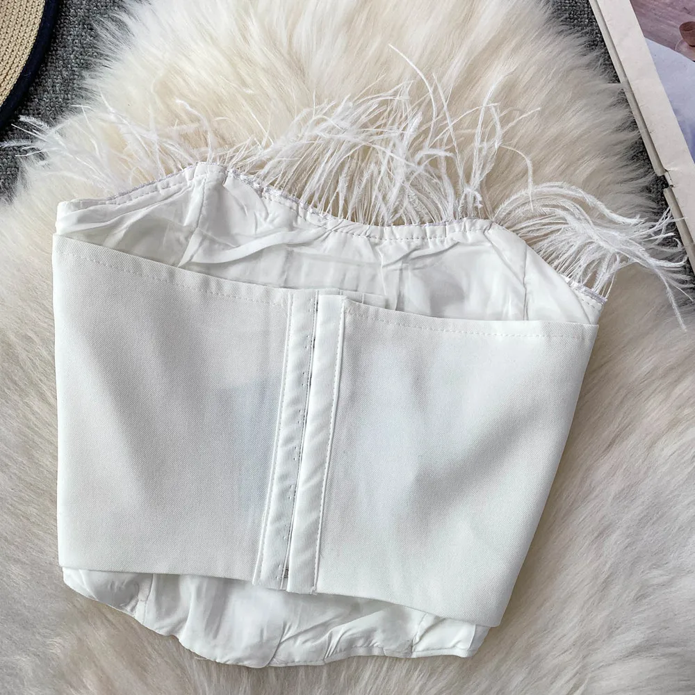 

Feather Patchwork Strapless Crop Top for Women Tank top Solid Slim Sleeveless Off Shoulder Tube Tops Daily Party Outfit Summer
