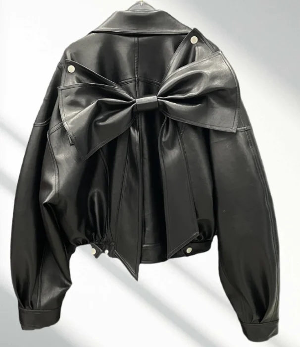 Outono indústria pesada arco solto bonito lazer manga longa jaqueta de couro doce legal menina versátil casaco curto redução de idade