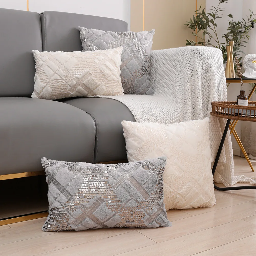 Plush Fur Sequins Cushion Cover 45x45cm Decorative Pillows Cover for Living Room White Gray Pink Black Pillowcase Home Decor