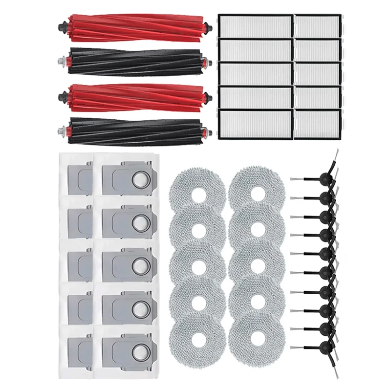 Części zamienne do Roborock Qrevo Master/Qrevo Slim: filtr HEPA A76G, nakładka mopująca, worki na kurz, szczotka boczna, szczotka główna.