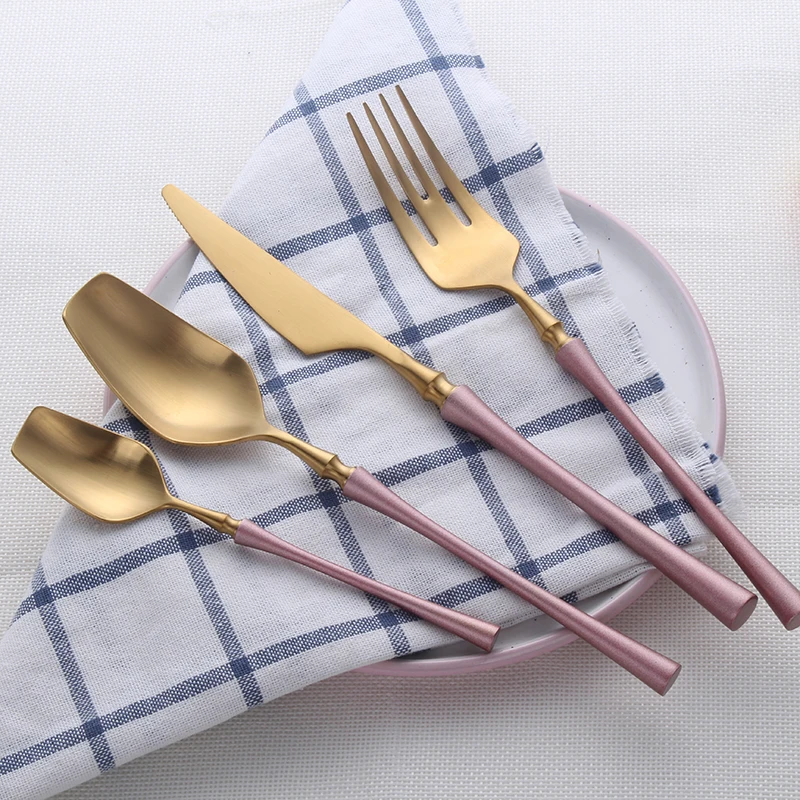 Matte Pink Gold Cutlery Sets 18/10 Stainless Steel Kitchen Dinnerware Set Spoon Fork Knife Flatware Tableware Sets