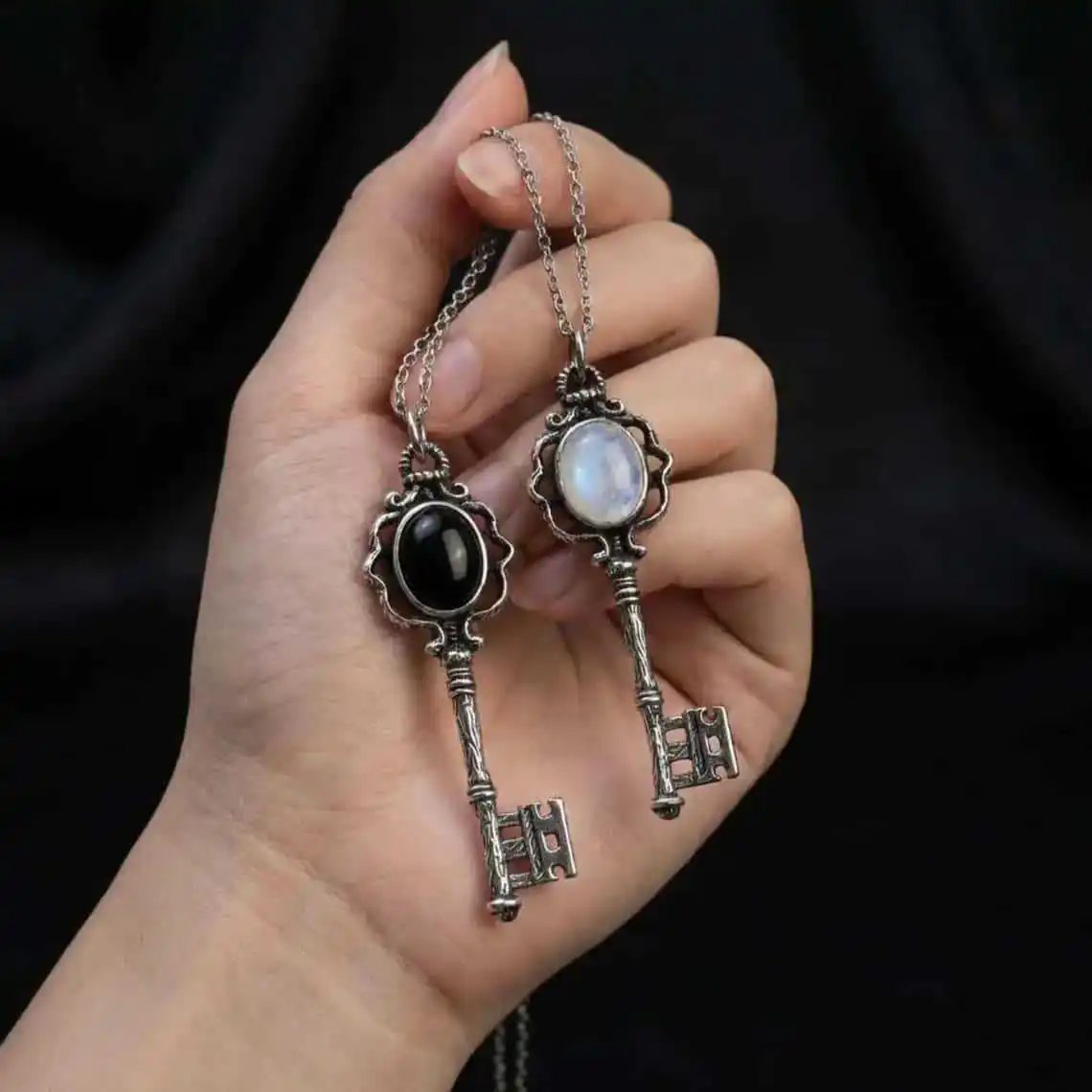 Gothic Witchcraft Symbol Skeleton Key Necklace Antique Silver&Black Labyrinth Pentagram Triple Moon Triple Goddess Key Necklaces