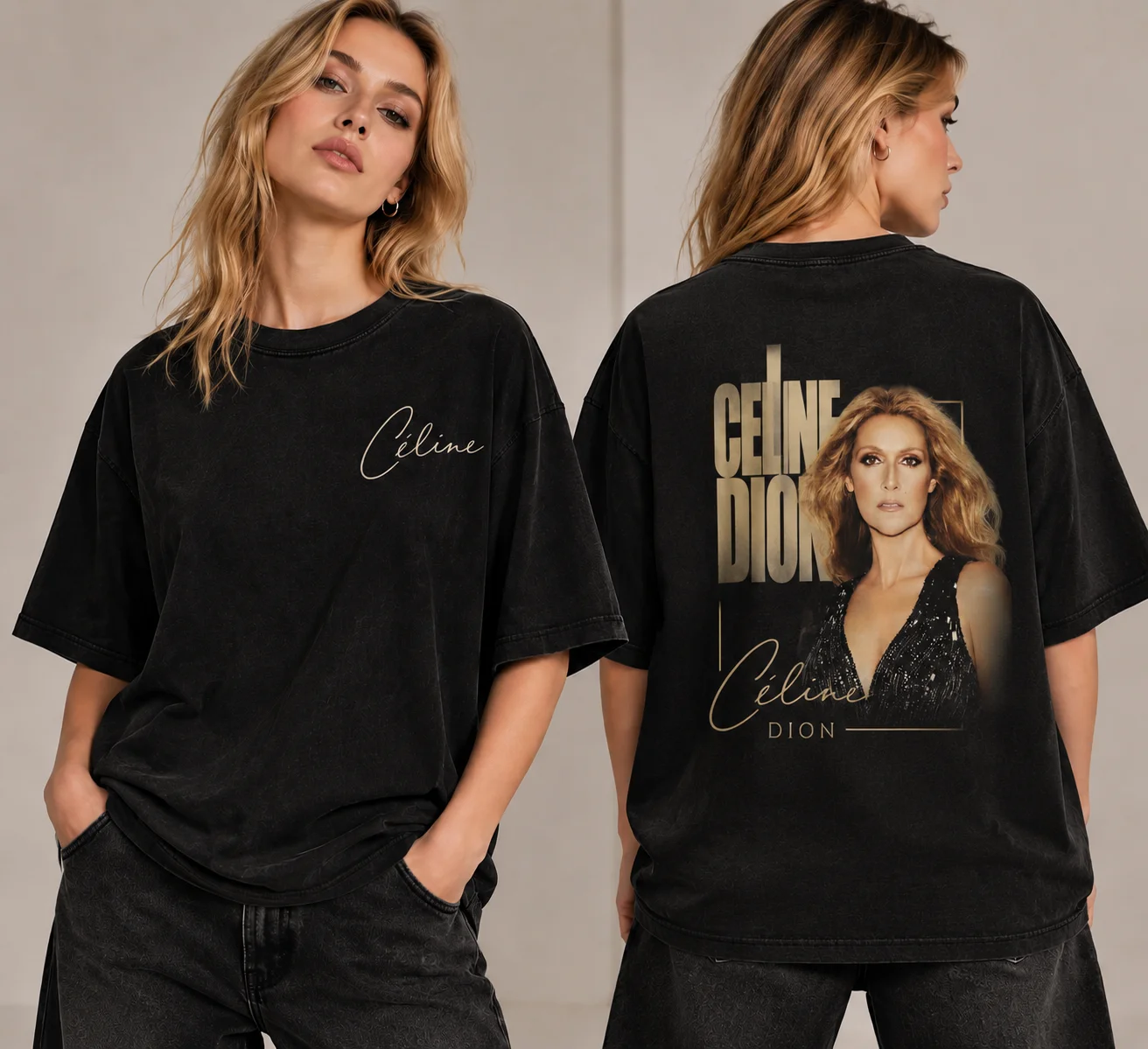 Oversized Vintage Black T‑Shirt, Celine Dion Retro Graphic Tee, 90s Music Legend Fan Apparel, Nostalgic Concert Merchandise