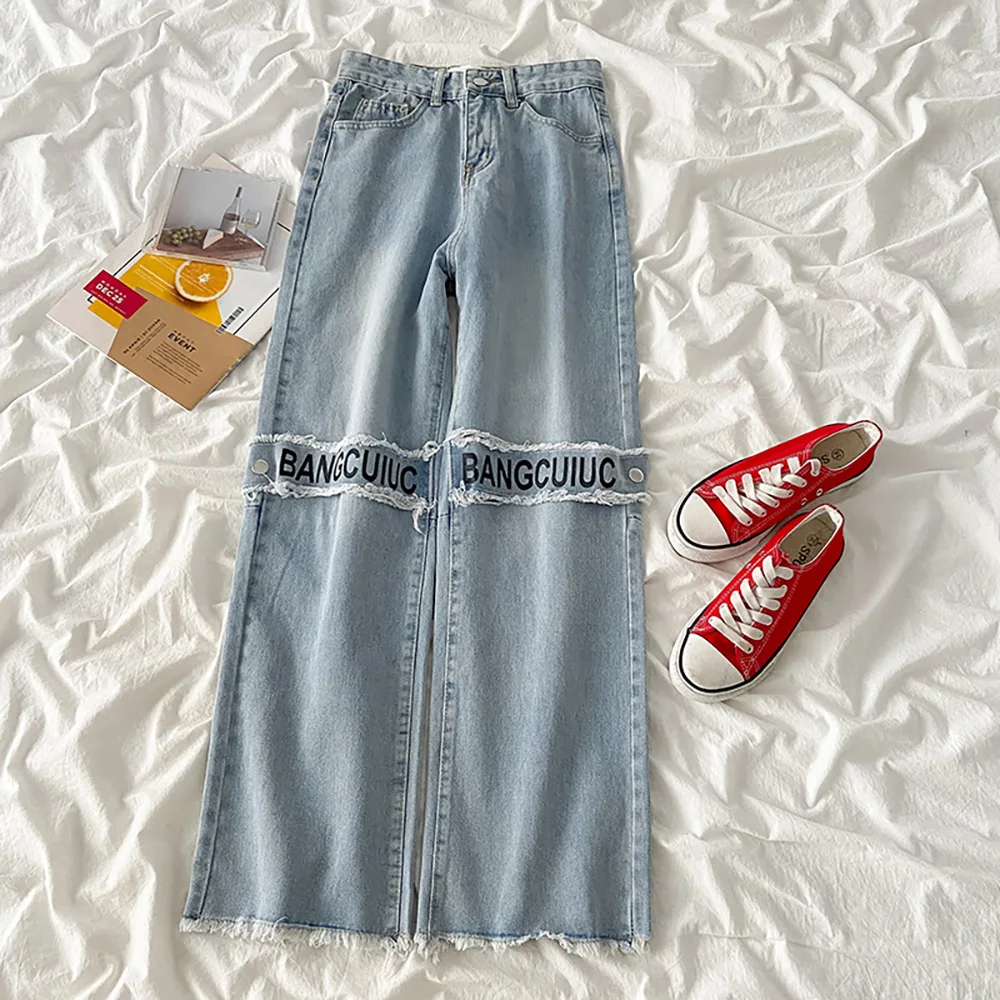 

Fashion High Waist Denim Pants for Women Streetwear Autumn Casual Loose Straight Trousers Female Light Blue Ripped Tassels Jeans