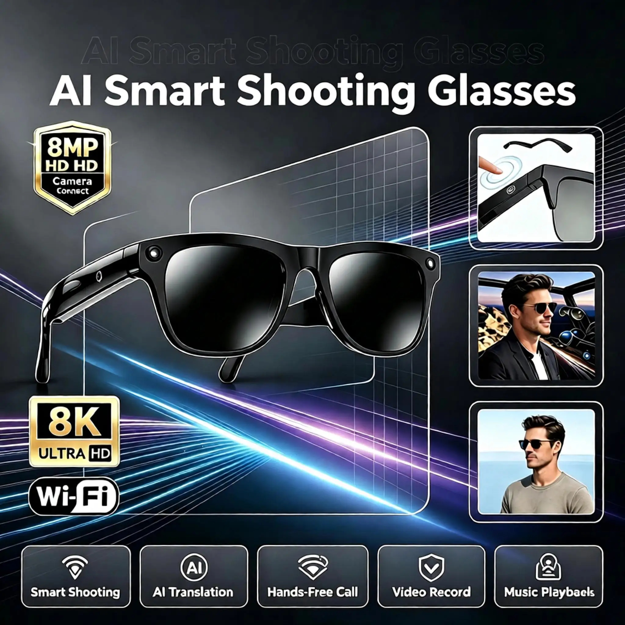 AI Smart Shooting Glasses with 8MP HD Camera AI Translation Bluetooth Call Video Record Music Playback Multi-functional Fashion