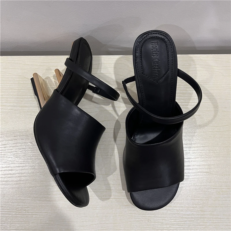 Black Letter Strange Heel Women Slippers Sexy Peep Toe Gladiator Sandals Dress Pumps Summer Outside Mules High Heel Wedge Shoes