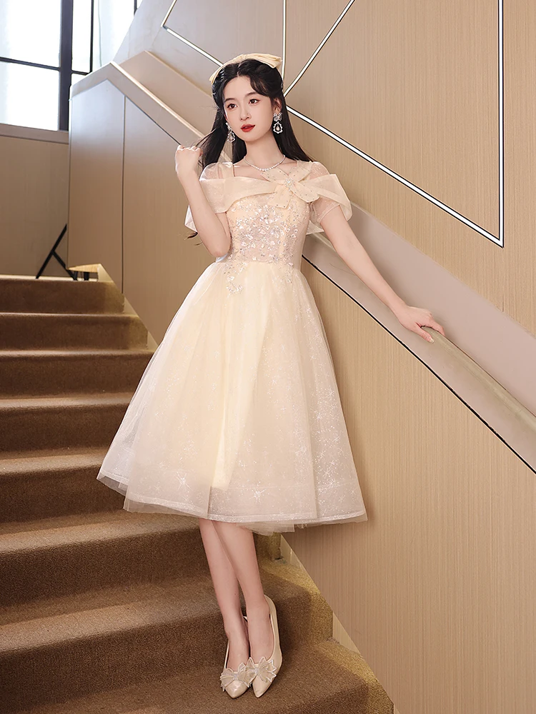 

Элегантное длинное вечернее платье для подружки невесты, свадебное, сказочное, с коротким рукавом, А-силуэт, для церемоний и торжеств