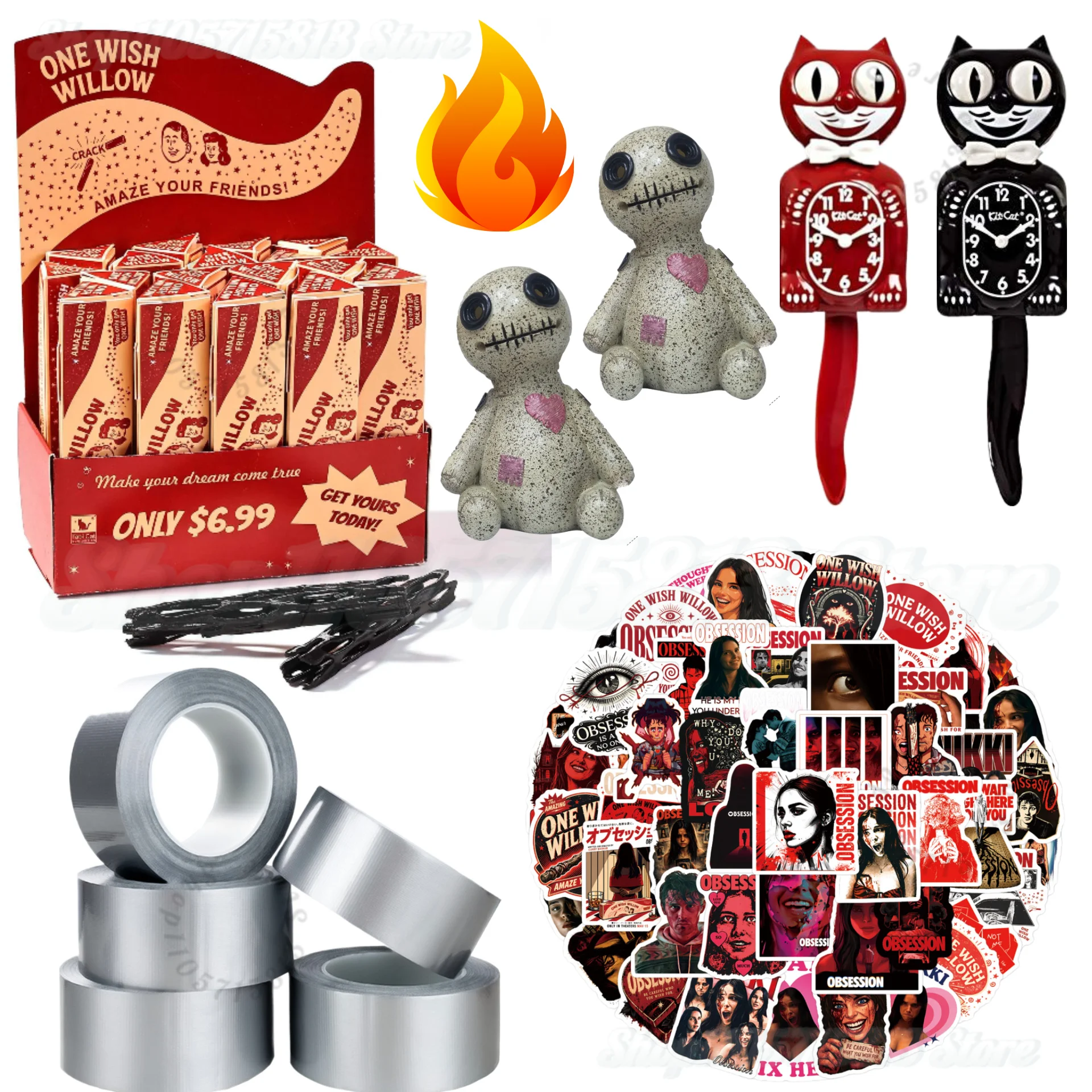 2026 Obsessed Movie Inspired Prop - One Wish Willow & Obsessed Sticker & Cat Clock &Silver Duct Tape for Cosplay Halloween Decor
