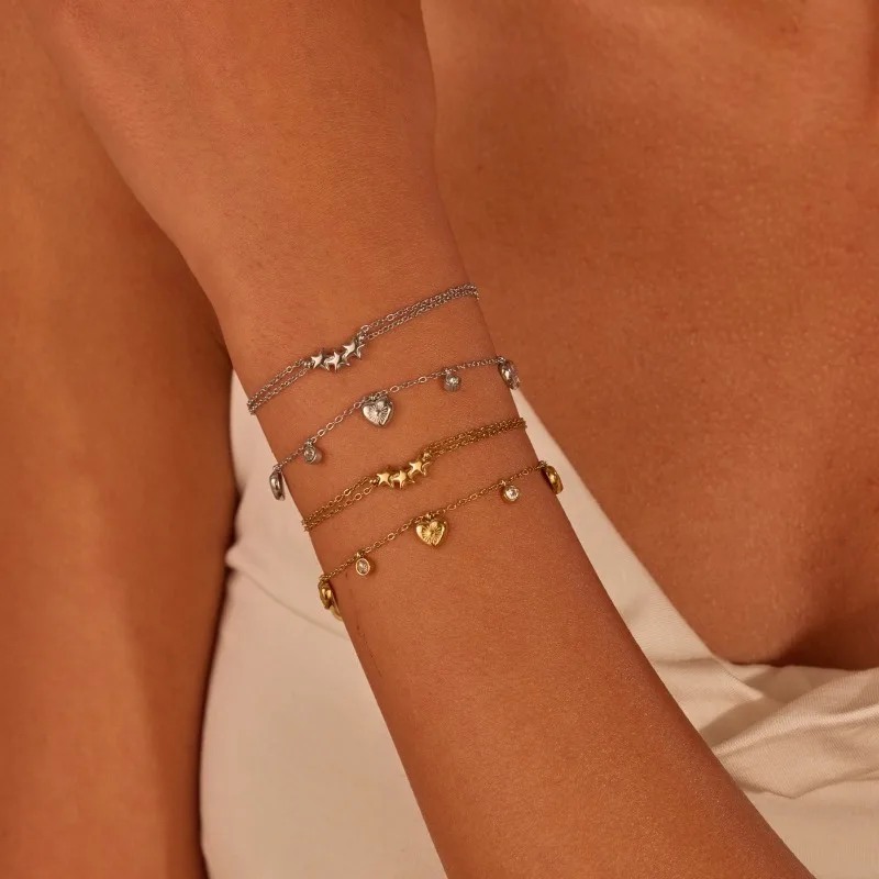 Star Heart Cz Charm Bracelet Set Dainty Layered Satellite Chain Stainless Steel Minimalist Stackable Jewelry For Women Gift