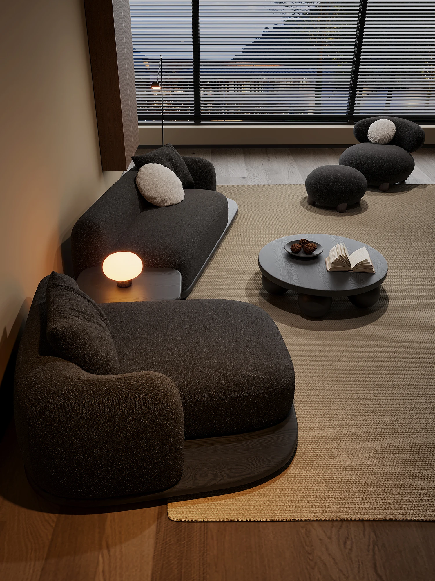 Modular Floor Sofa with Rounded Armrest - Charcoal Chenille Wooden Platform Base - Japandi Wabi Sabi Living Room Couch